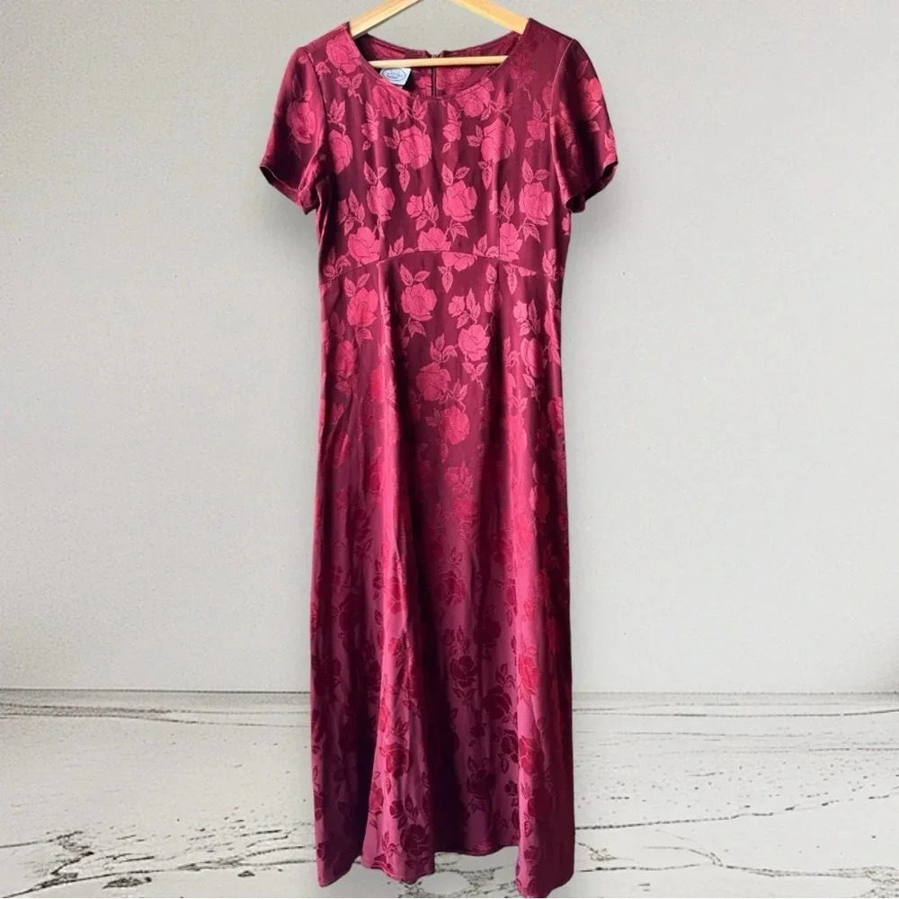 Vintage Laura Ashley Whimsigoth Dress Satin Floral Midi Dress in Burgundy Size 6